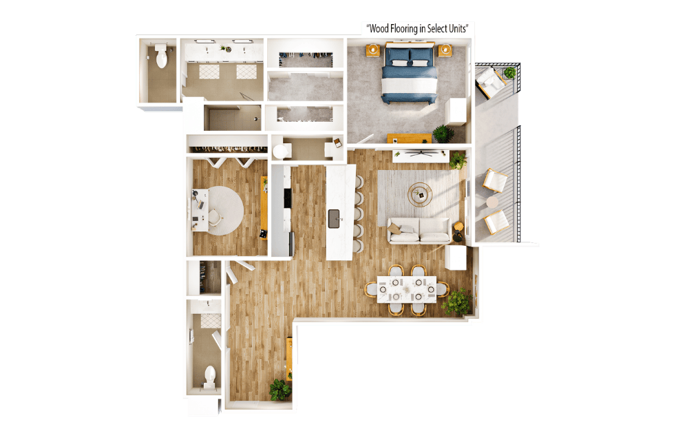 Flats FA17 - 1 bedroom floorplan layout with 1.5 bathroom and 1267 square feet