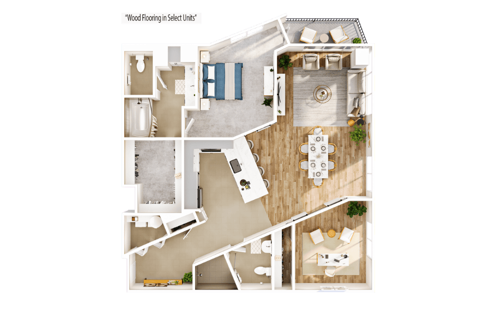 Flats FA19 with Study - 1 bedroom floorplan layout with 2 bathrooms and 1404 square feet