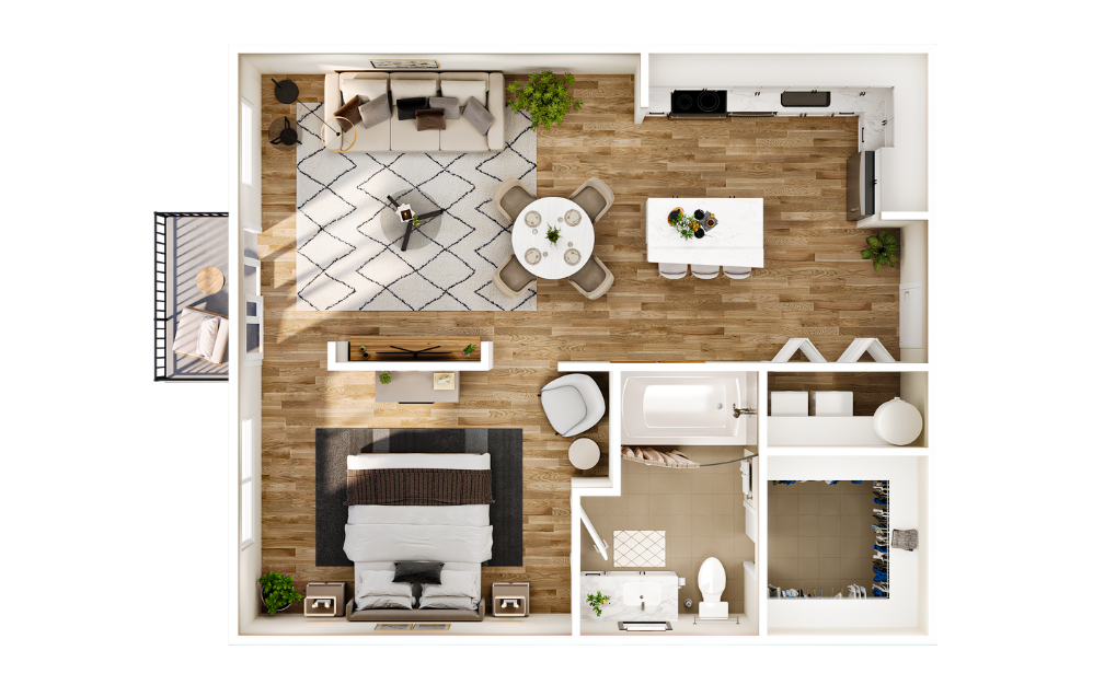 Flats LA1 - 1 bedroom floorplan layout with 1 bathroom and 764 square feet