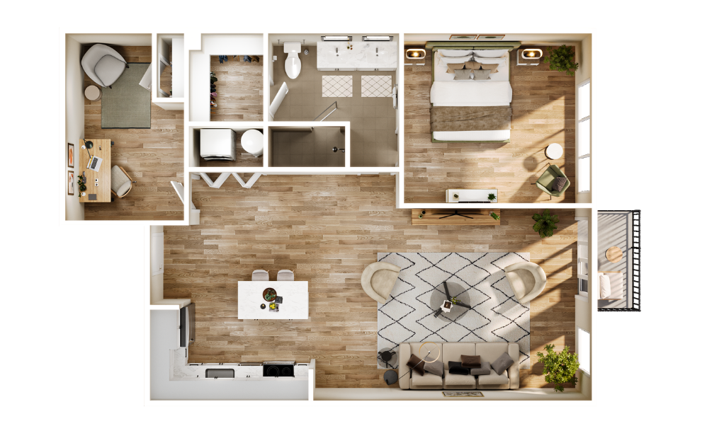 Flats LA7 with Study - 1 bedroom floorplan layout with 1 bathroom and 1049 square feet
