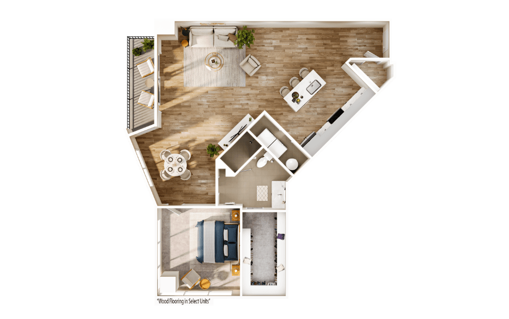 Flats FA12 - 1 bedroom floorplan layout with 1 bathroom and 1077 square feet