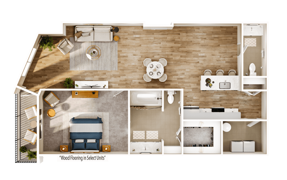 Flats FA14 - 1 bedroom floorplan layout with 1.5 bathroom and 1125 square feet